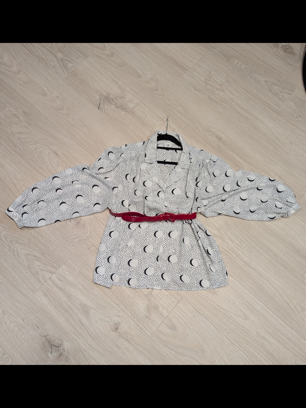CAbi White Moon-Print Wrap Blouse with Red Belt
